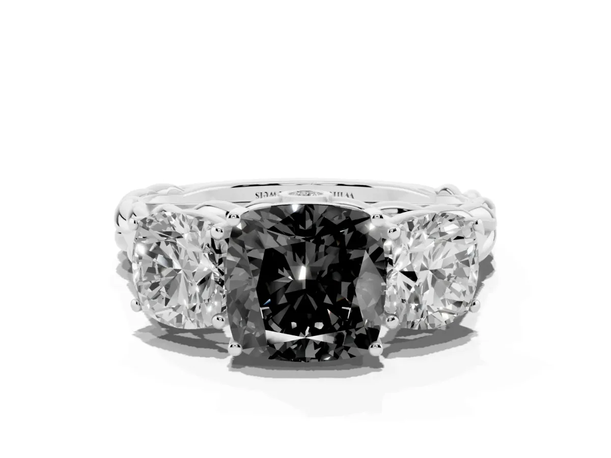 Fancy Black Three-Stone Cushion Cut Diamond Braided Band Ring with Four-Prong Setting Platinum