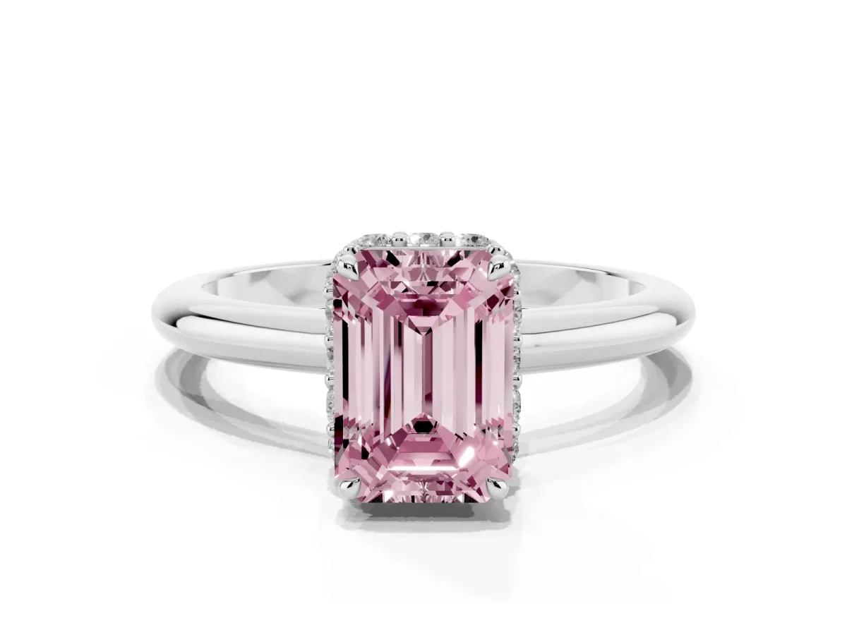 Fancy Pink Emerald Cut Brilliant Solitaire Engagement Ring with Six-Prong Setting and Classic Band White gold