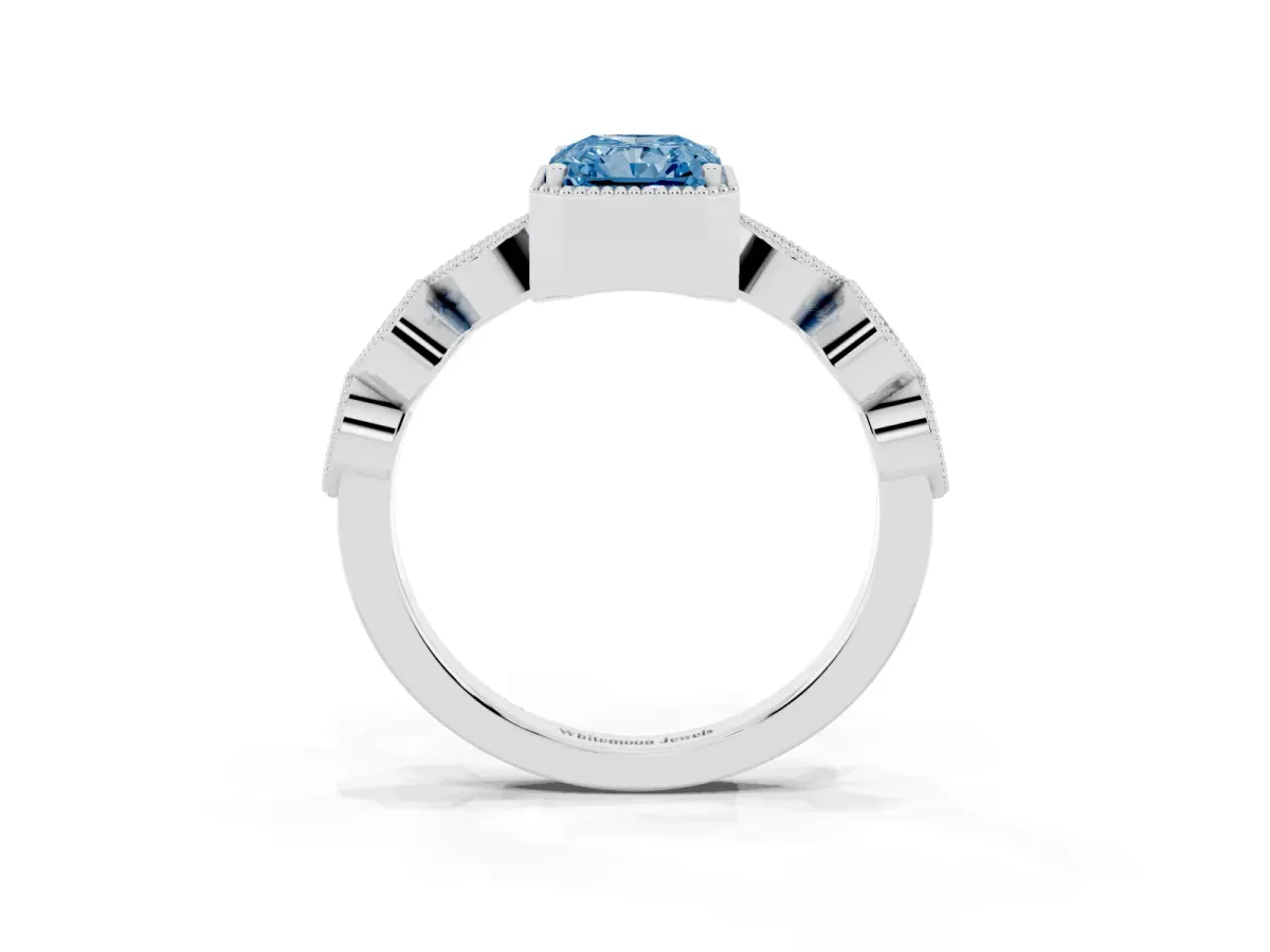 Fancy Blue Radiant Cut Diamond Vintage Milgrain Ring with Round Stations Platinum