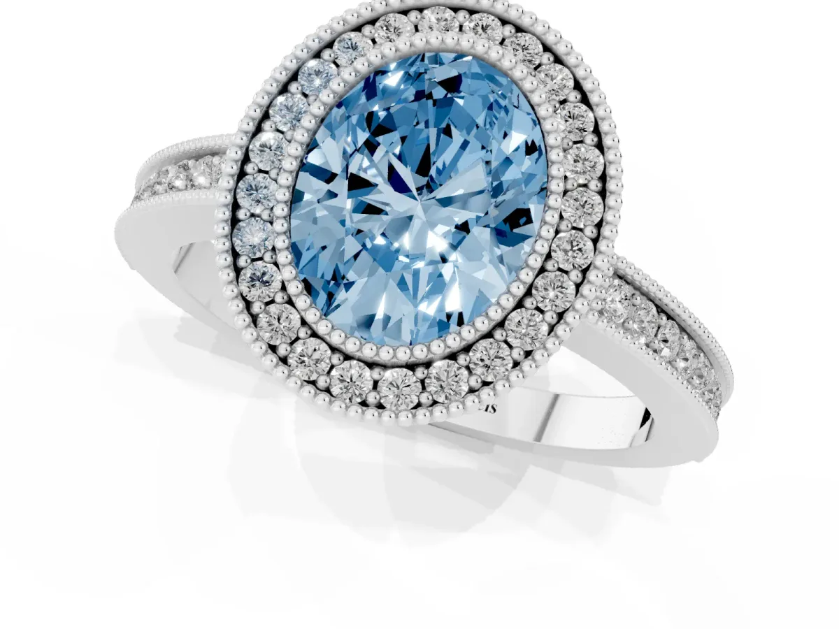 Fancy Blue Oval Cut Cut Halo Diamond Ring with Pavé Band and Milgrain Prong Setting Silver