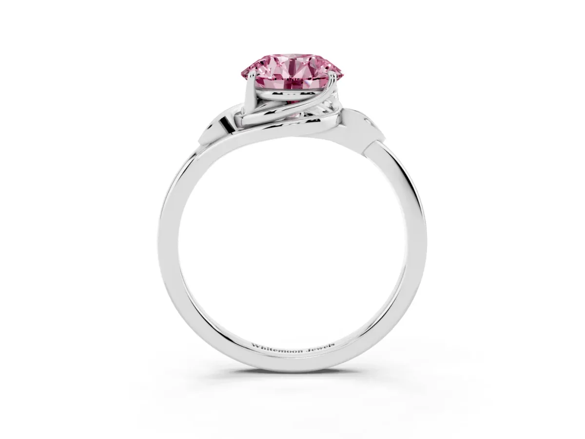Fancy Pink Round Cut Diamond Solitaire Ring with Twist Band and Four-Prong Setting Silver