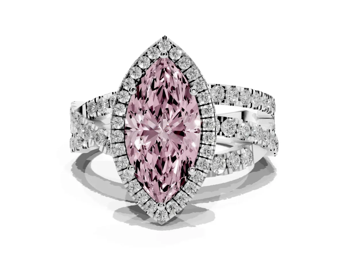 Fancy Pink Marquise Cut Diamond Halo Ring with Round Split Shank and Prong Setting Silver