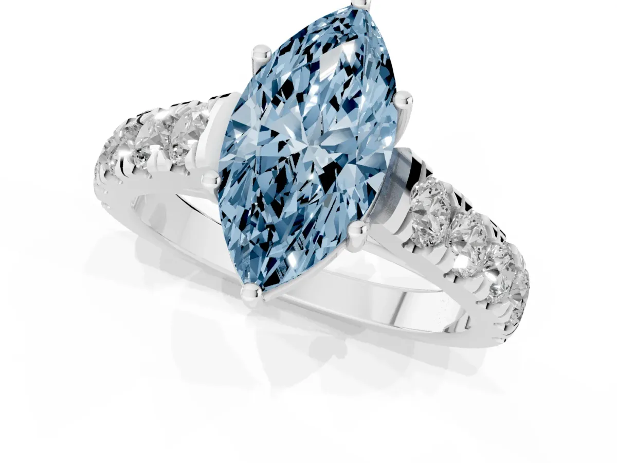 Fancy Blue Marquise Cut Cut Diamond Solitaire Ring with Micro Pave Band and Prong Setting Silver