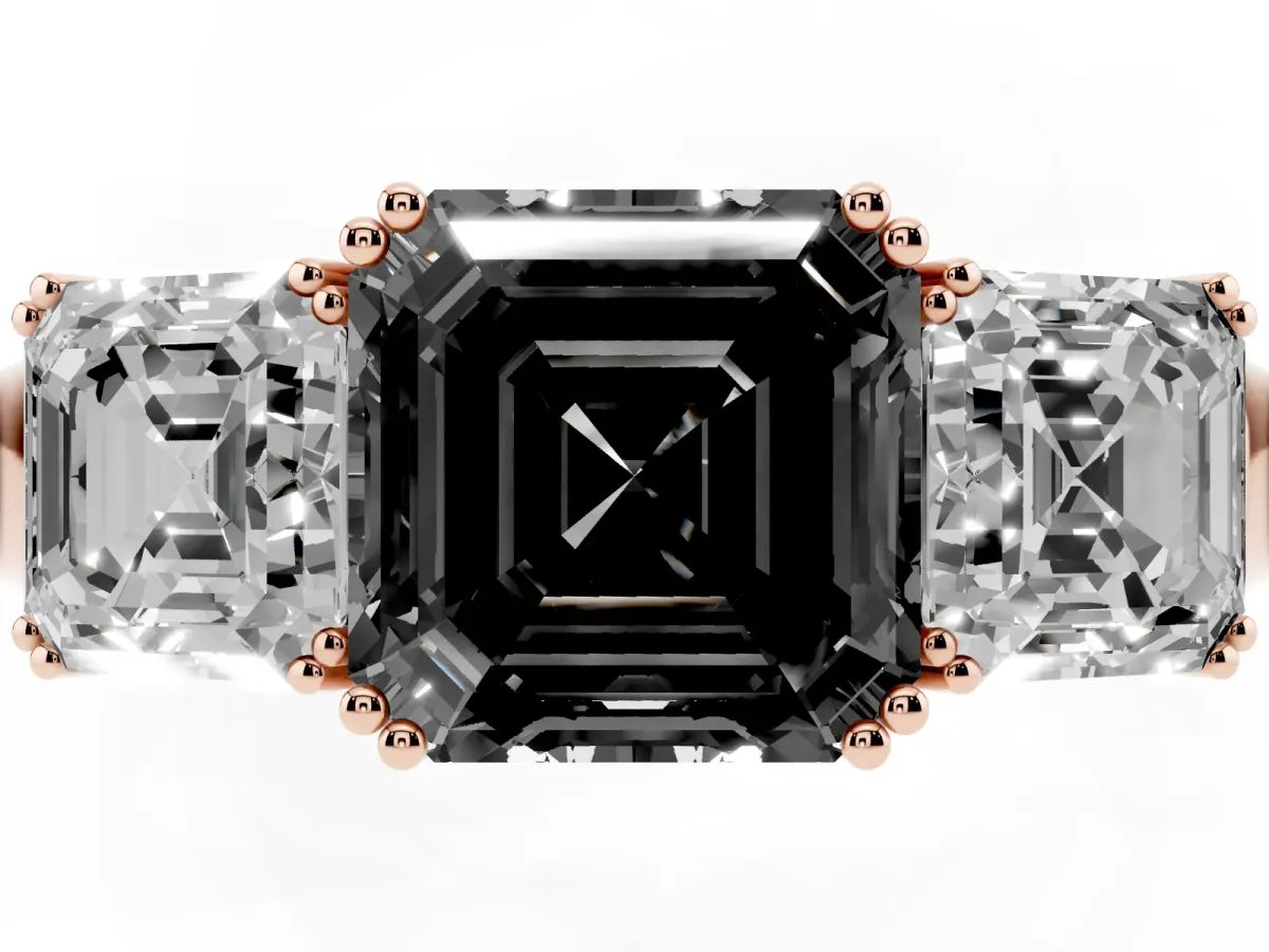 Fancy Black Three-Stone Asscher Cut Cut Diamond Ring with Channel Set Band and Four-Prong Setting Rose gold