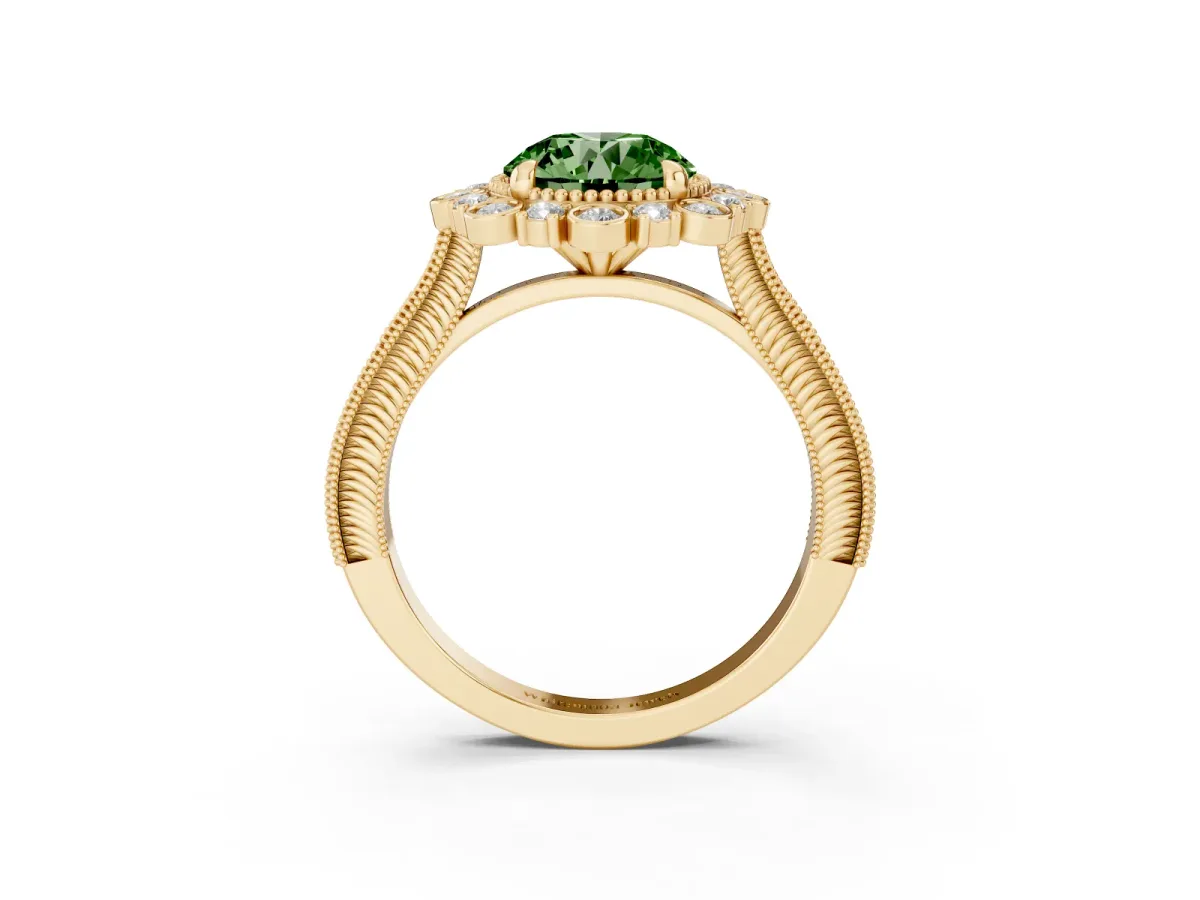 Fancy Green Round Cut Halo Milgrain Pave Diamond Ring with Four-Prong Setting Yellow gold