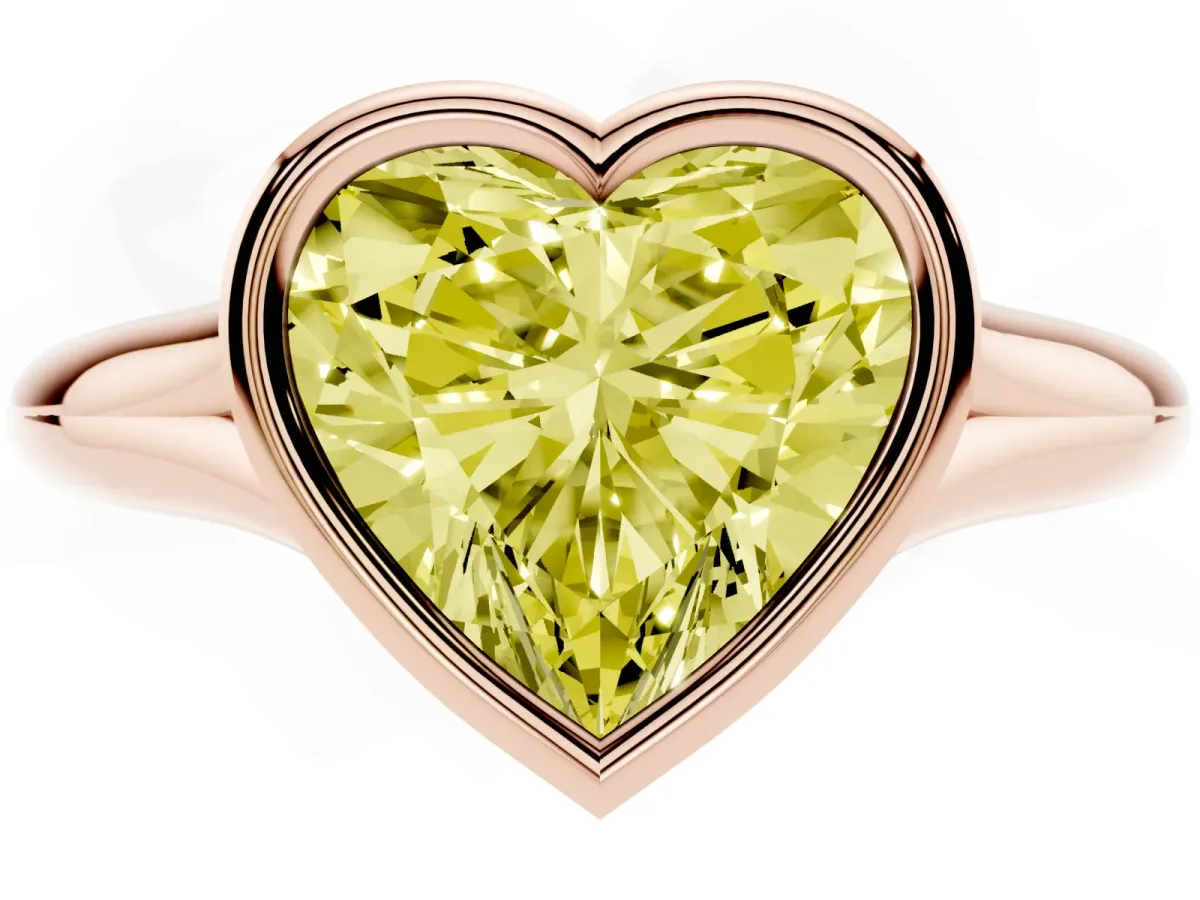 Fancy Yellow Bezel Set Heart Cut Solitaire Diamond Ring with Smooth Band Rose gold