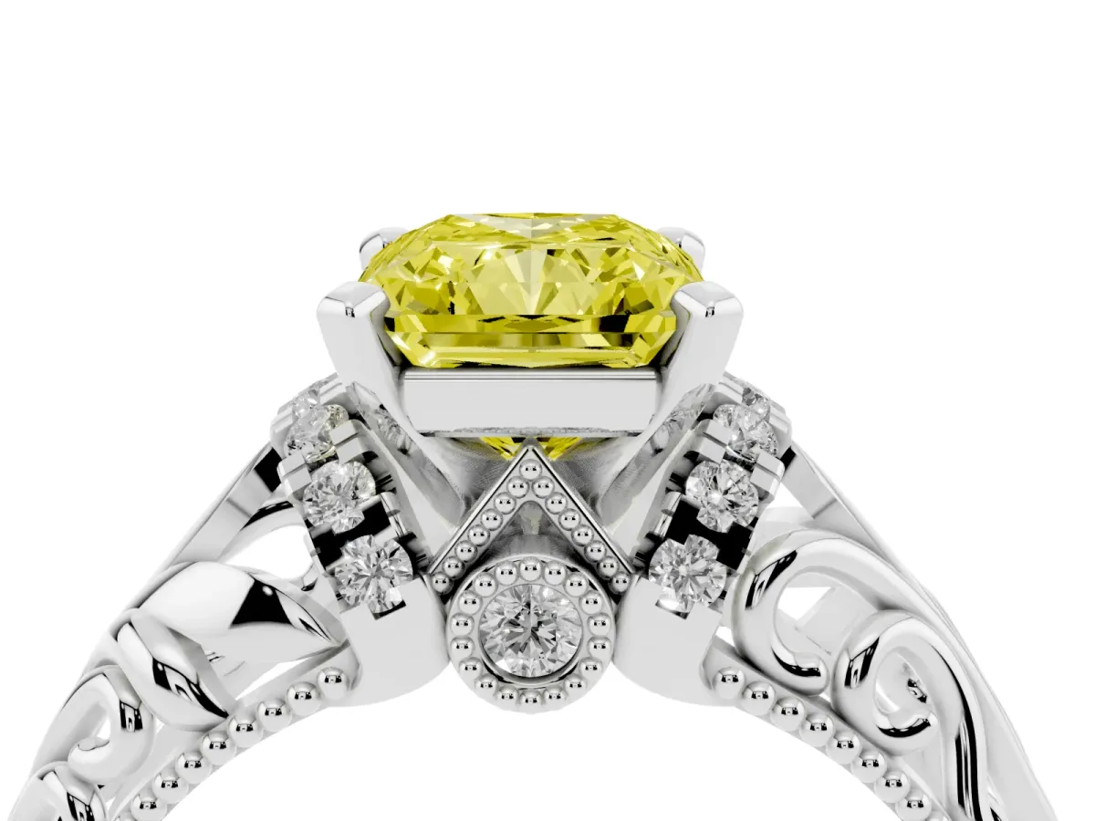Fancy Yellow Radiant Cut Solitaire Filigree Engagement Ring with Halo and Prong Setting Platinum