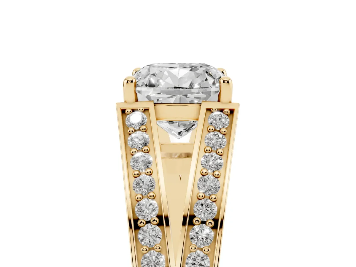 Cushion Cut Diamond Split Shank Ring with Pavé Band and Four-Prong Setting Yellow gold