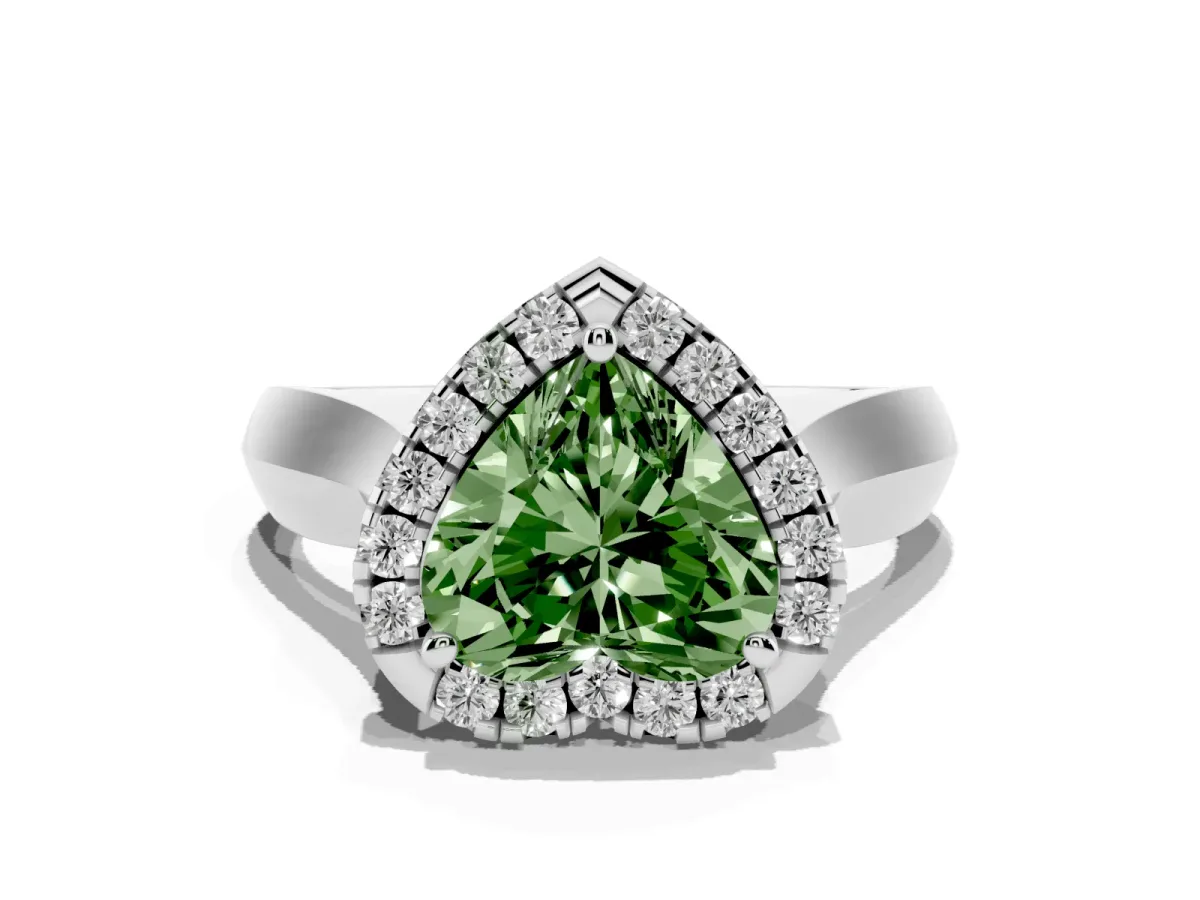 Fancy Green Heart Cut Cut Halo Solitaire Engagement Ring with Square Band and Four-Prong Setting Silver