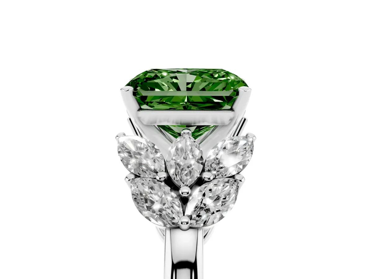 Fancy Green Radiant Cut Diamond Cluster Leaf Design Ring with Prong Setting White gold