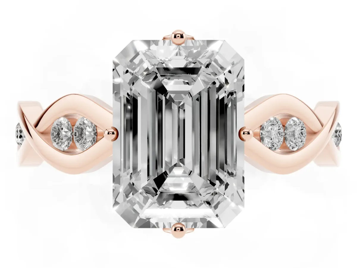 Emerald Cut Solitaire Twist Band with Leaf Prong Setting Rose gold