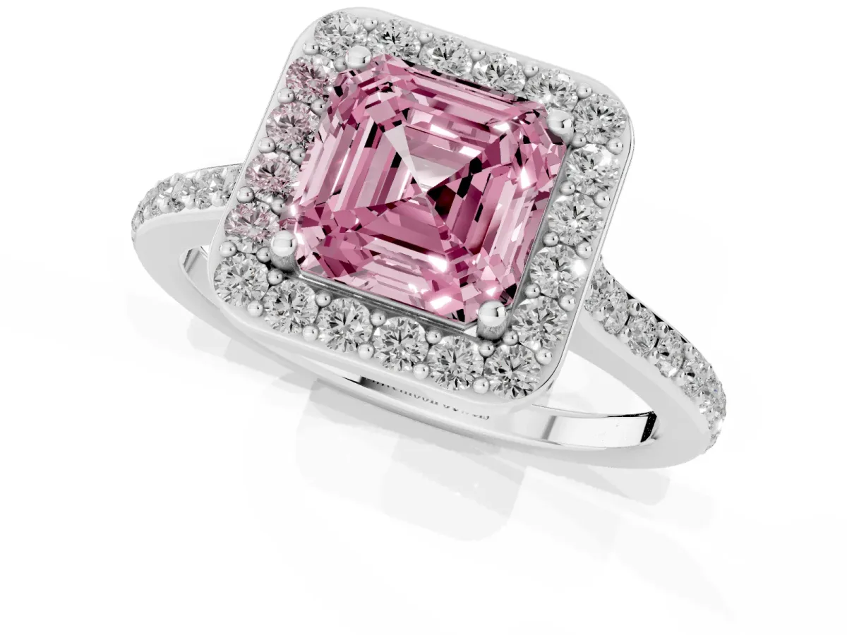 Fancy Pink Asscher Cut Diamond Halo Engagement Ring with Round Pavé Shoulders and Prong Setting White gold