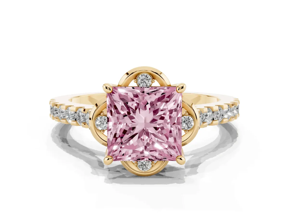 Fancy Pink Princess Cut Diamond Ring with Pavé Band and Floral Prong Setting Yellow gold