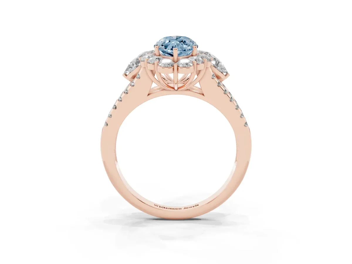 Fancy Blue Marquise Cut Halo Split Shank Diamond Engagement Ring with Prong Setting Rose gold