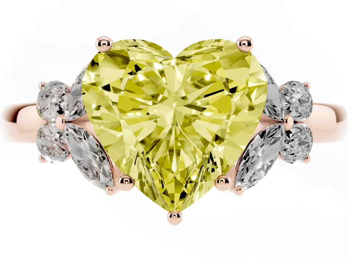 Fancy Yellow Heart Cut Cut Solitaire Floral Diamond Ring with Four-Prong Setting Rose gold