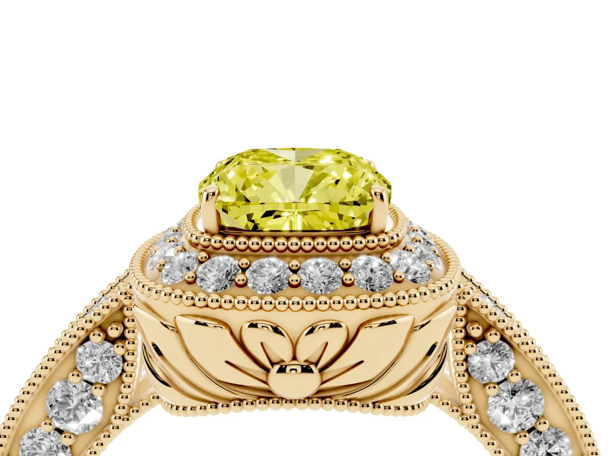 Fancy Yellow Cushion Cut Halo Diamond Split Shank Ring with Milgrain Detail Yellow gold