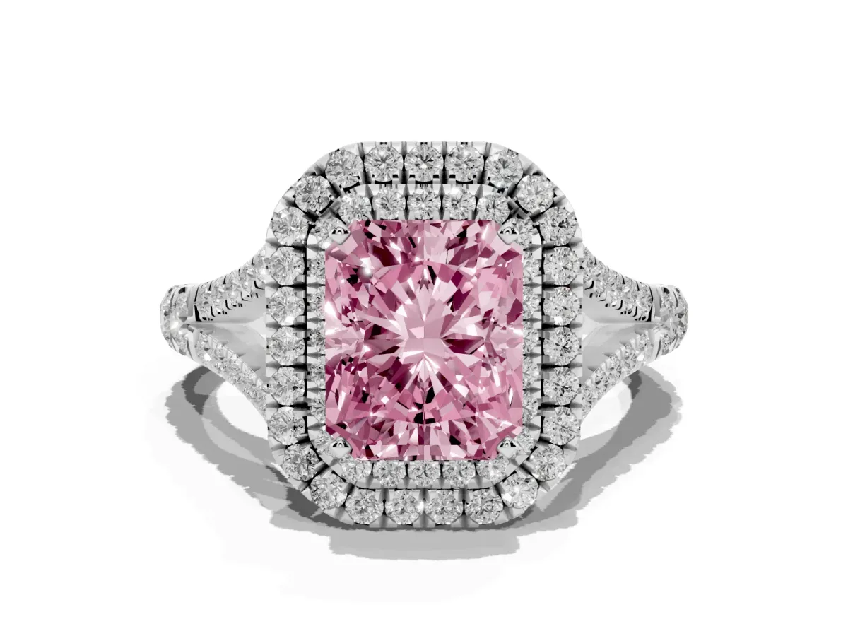 Fancy Pink Radiant Cut Diamond Pavé Split Shank Double Halo Engagement Ring Silver