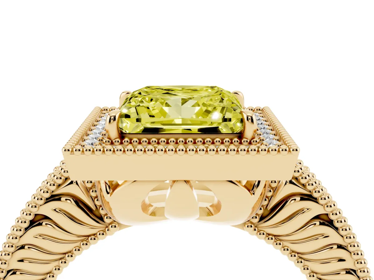 Fancy Yellow Princess Cut Cut Halo Diamond Ring with Pavé Band and Four-Prong Setting Yellow gold