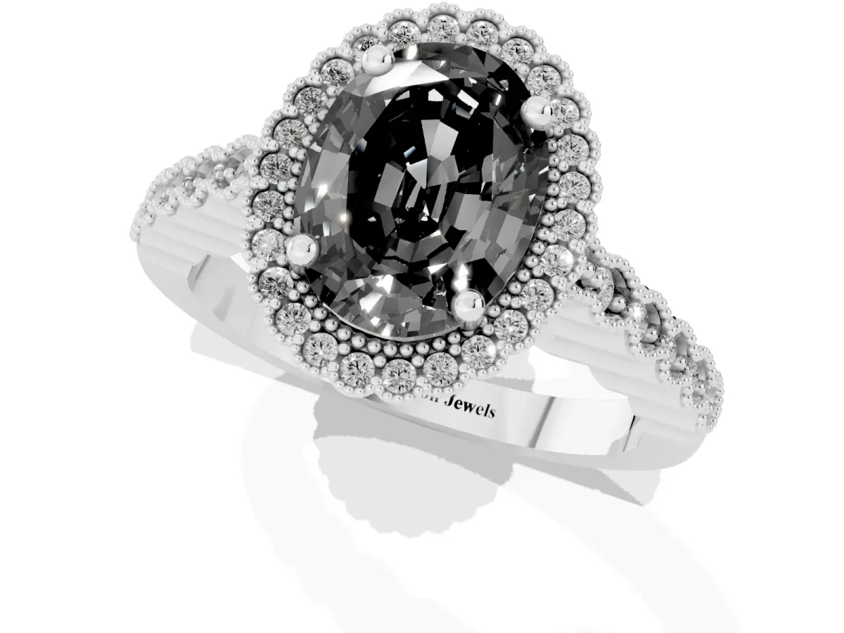 Fancy Black Oval Cut Cut Halo Pavé Solitaire Ring with Milgrain Band Silver