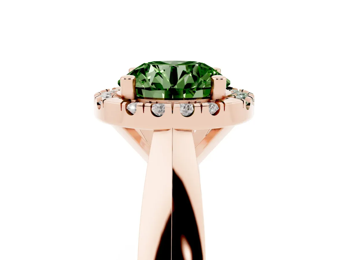 Fancy Green Round Cut Cut Halo Solitaire Engagement Ring with Square Band and Four-Prong Setting Rose gold
