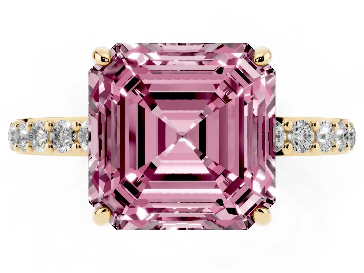 Fancy Pink Asscher Cut Diamond Pavé Engagement Ring with Round Accents and Prong Setting Yellow gold