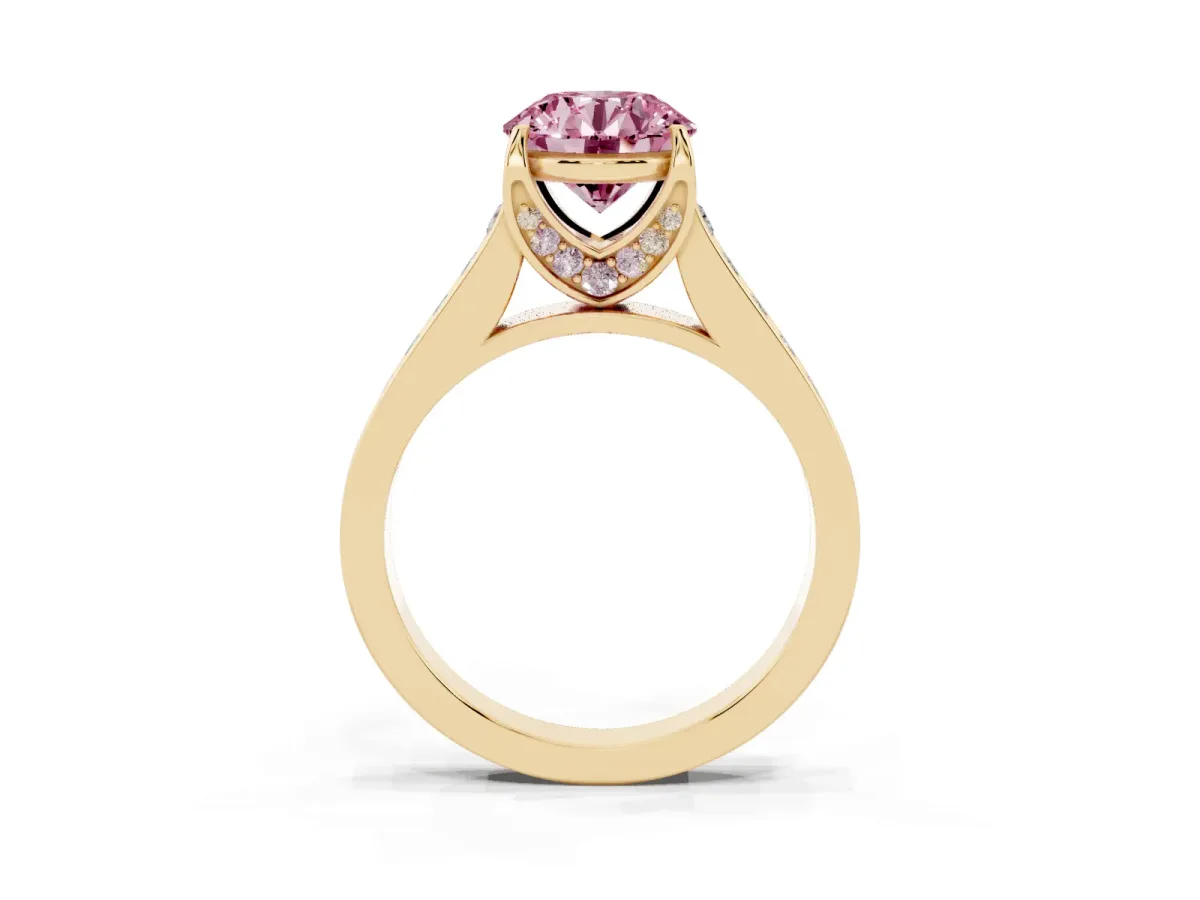 Fancy Pink Round Cut Brilliant Cut Diamond Engagement Ring with Pavé Band and Four-Prong Setting Yellow gold