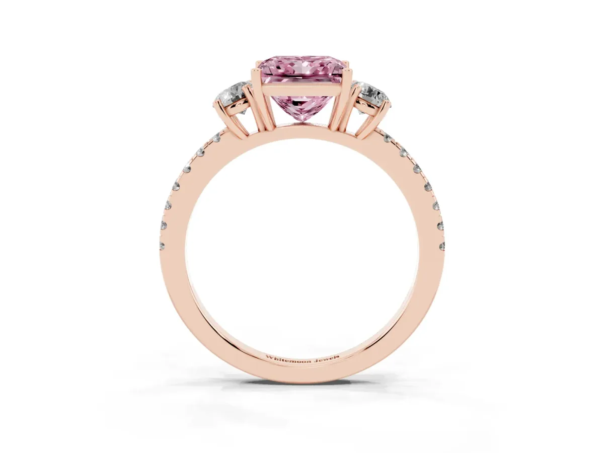 Fancy Pink Three-Stone Princess Cut Cut Diamond Pavé Band with Prong Setting Rose gold
