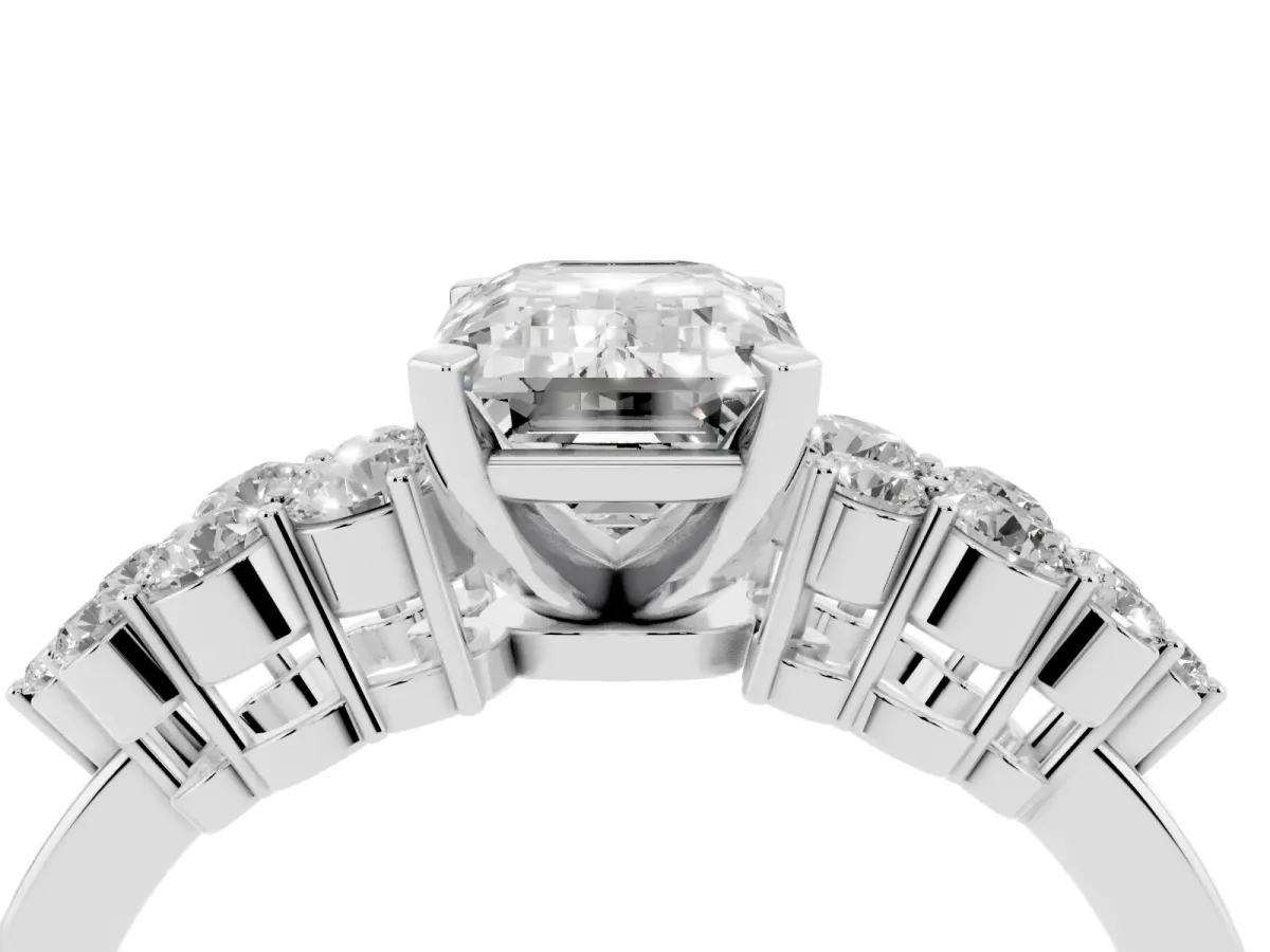 Emerald Cut Cluster Diamond Engagement Ring with Pavé Band and Four-Prong Setting Silver