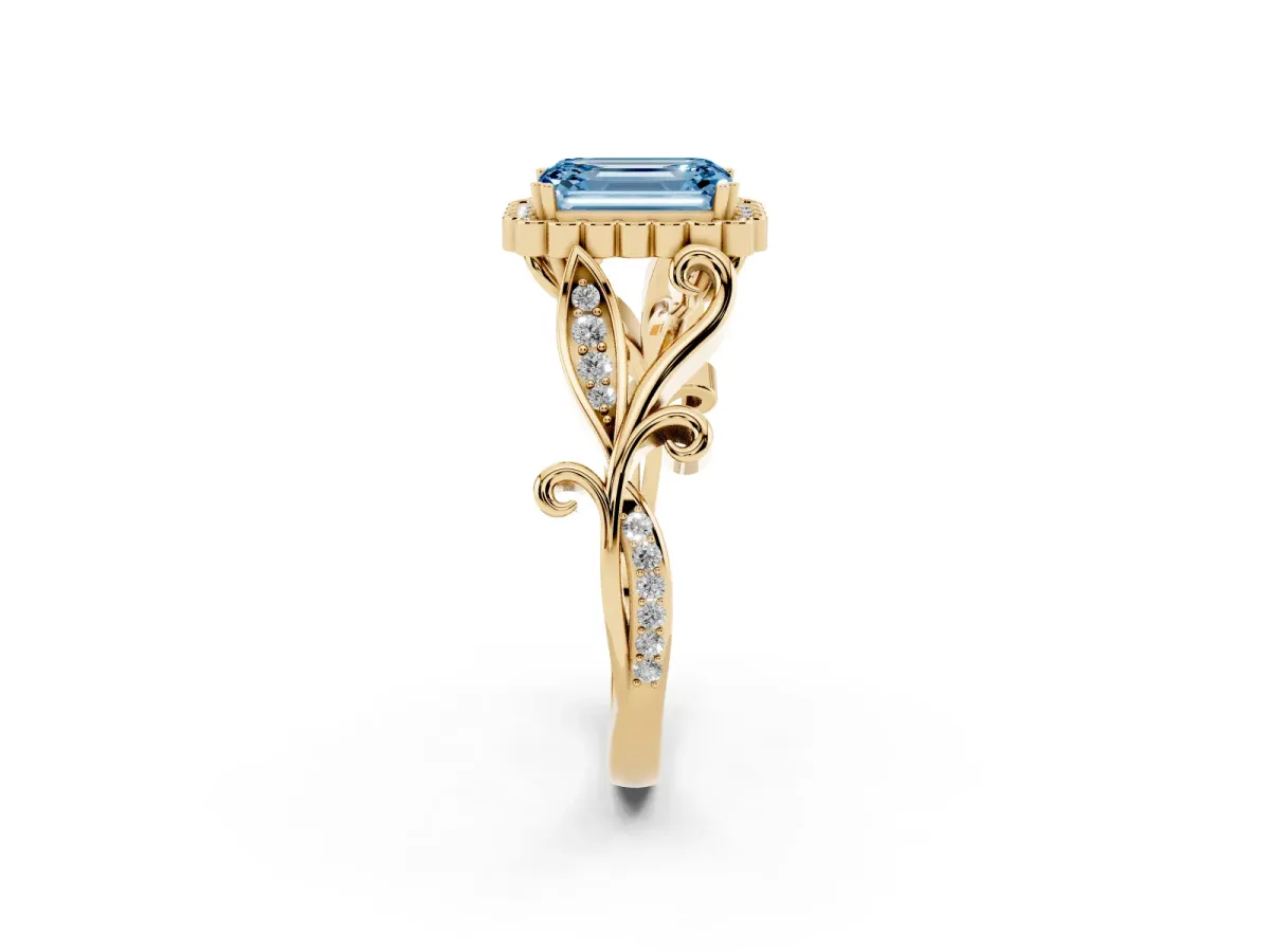 Fancy Blue Emerald Cut Diamond Halo Ring with Vintage Split Shank and Four-Prong Setting Yellow gold