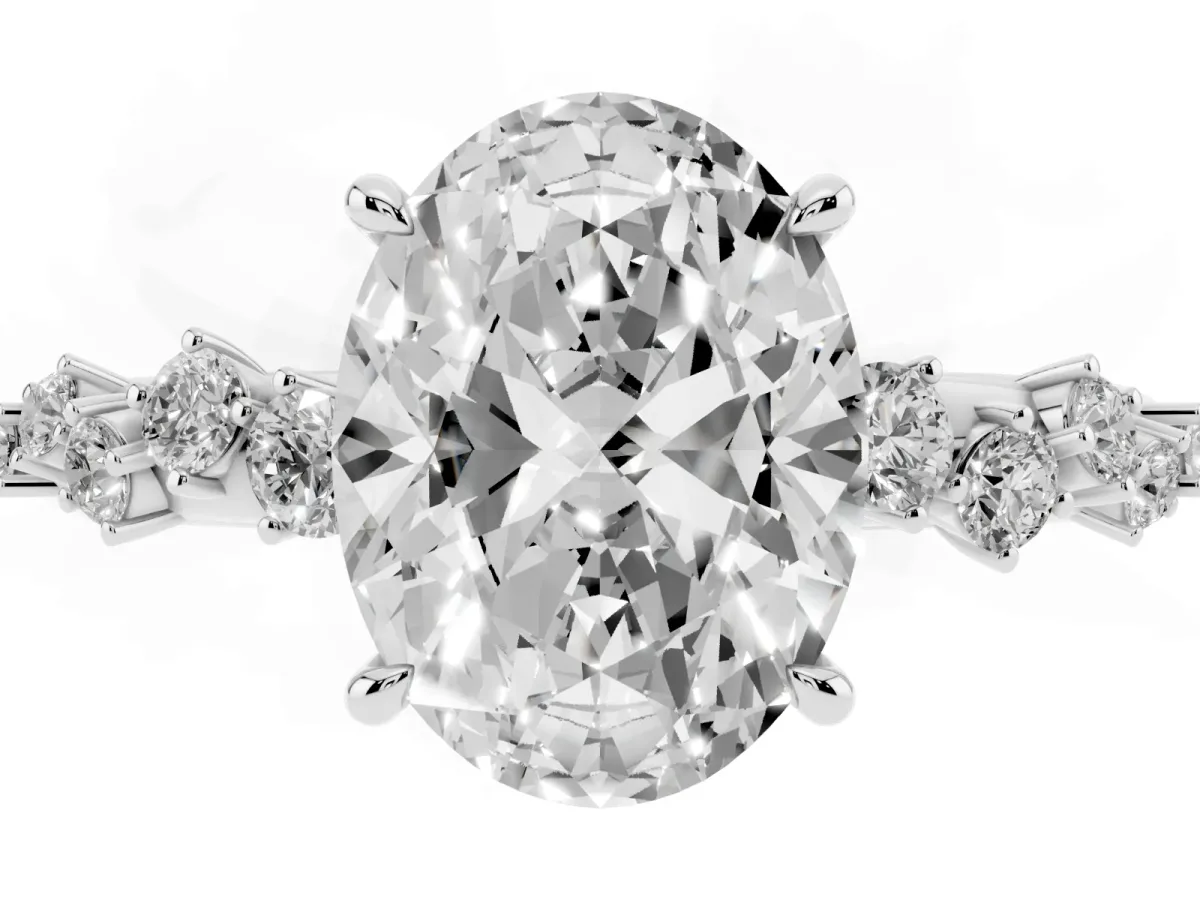 Oval Cut Diamond Cluster Side Stone Solitaire Ring with Prong Setting Silver