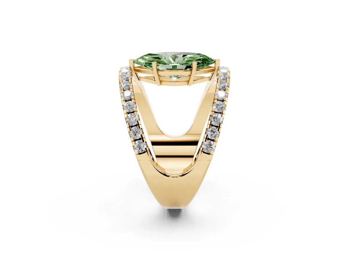 Fancy Green Marquise Cut Solitaire Split Shank Pave Diamond Ring Yellow gold