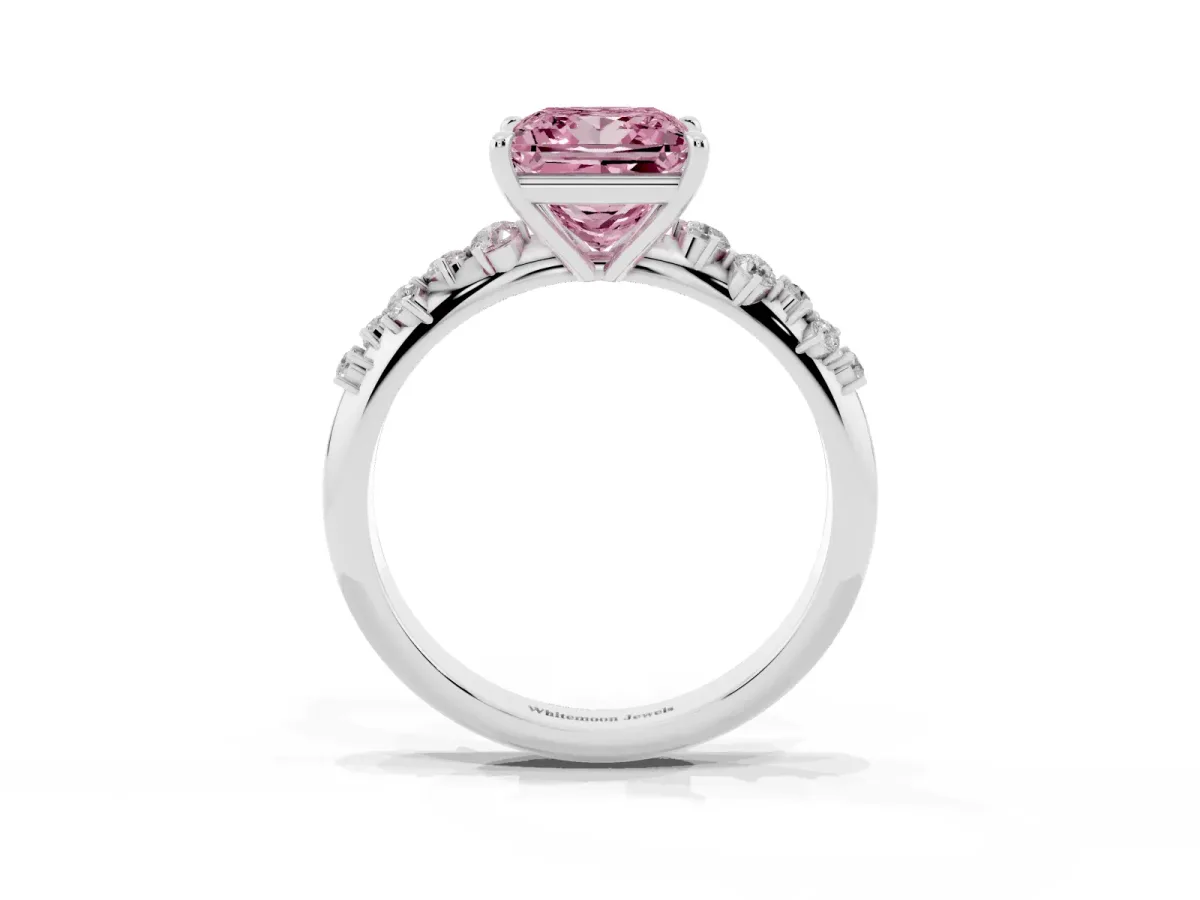 Fancy Pink Princess Cut Diamond Cluster Side Stone Solitaire Ring with Prong Setting Silver