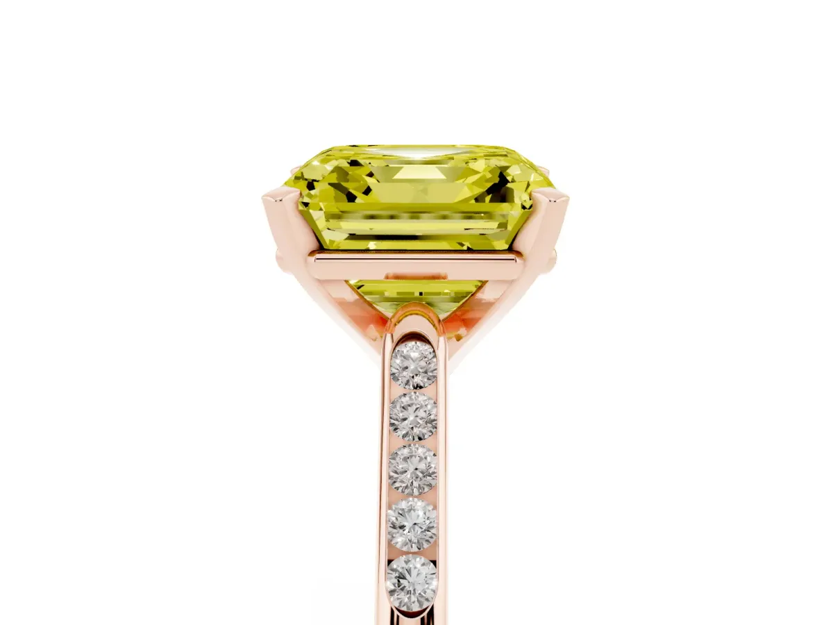 Fancy Yellow Asscher Cut Diamond Solitaire Ring with Channel Set Round Band and Prong Setting Rose gold
