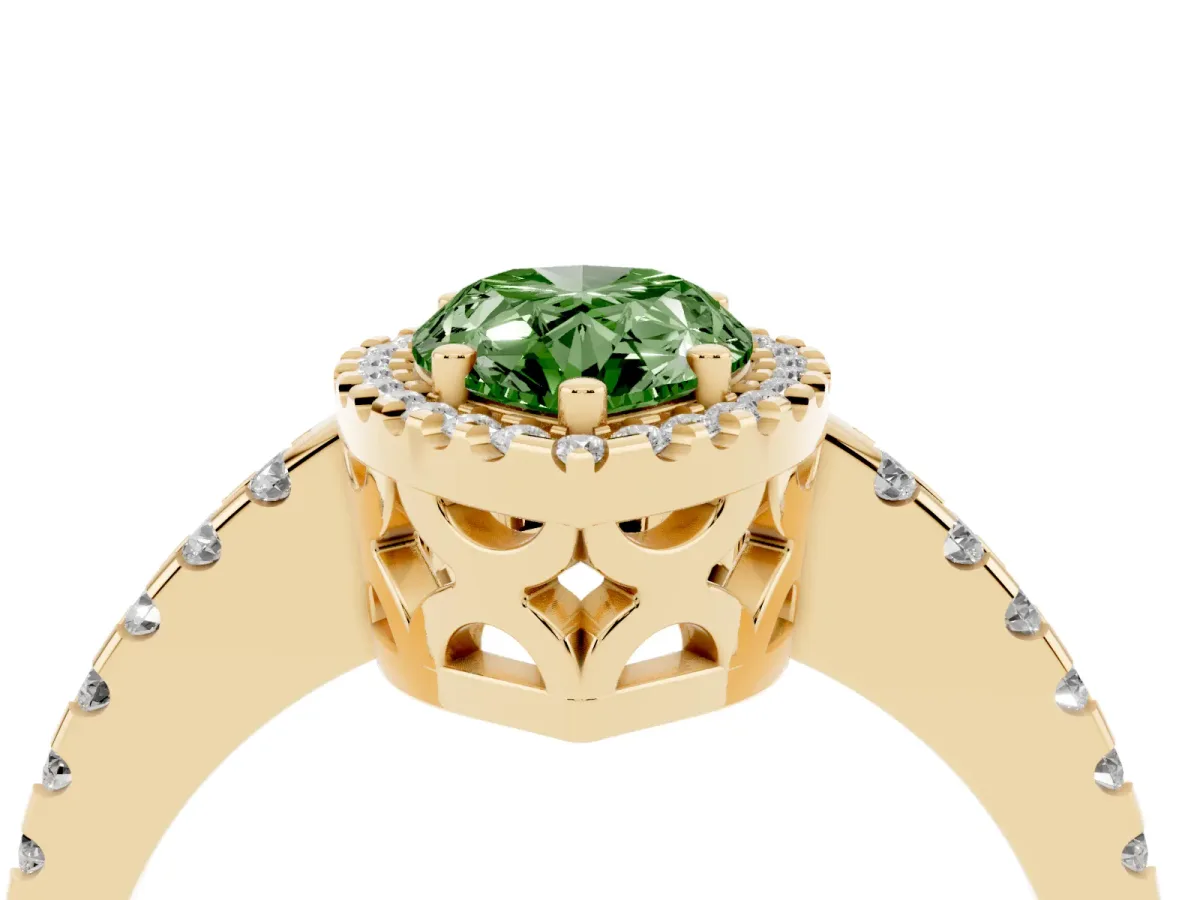 Fancy Green Pear Cut Diamond Halo Engagement Ring with Pavé Band and Prong Setting Yellow gold