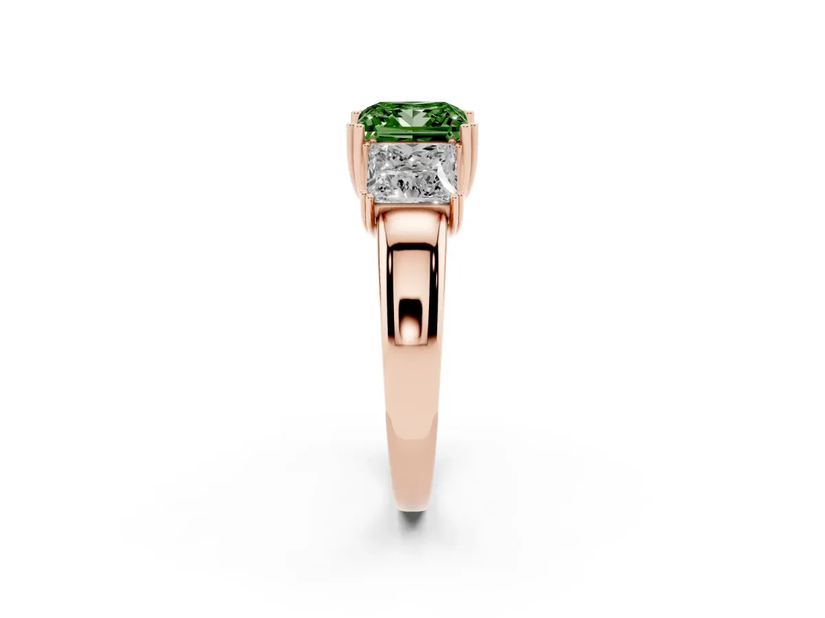 Fancy Green Three-Stone Princess Cut Cut Diamond Ring with Channel Set Band and Four-Prong Setting Rose gold