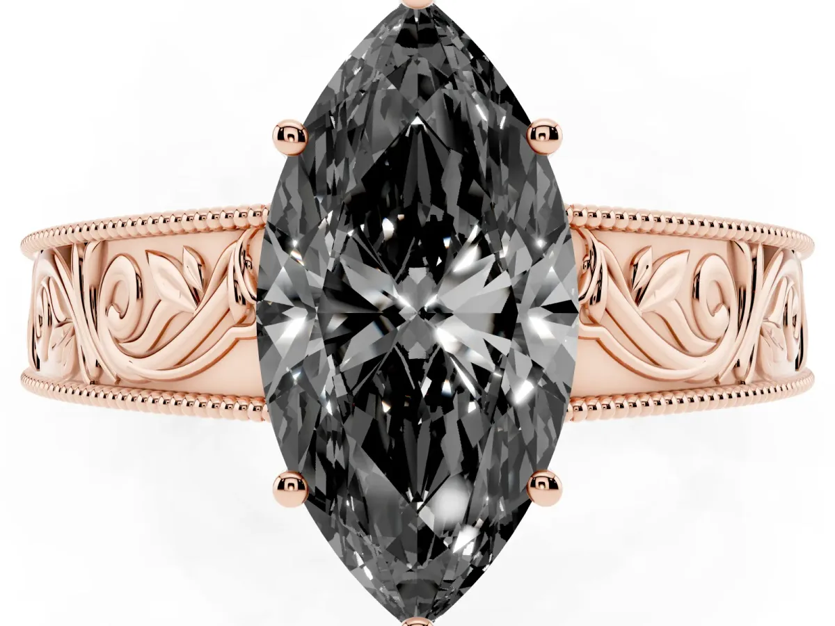 Fancy Black Marquise Cut Diamond Solitaire Ring with Engraved Band and Four-Prong Setting Rose gold
