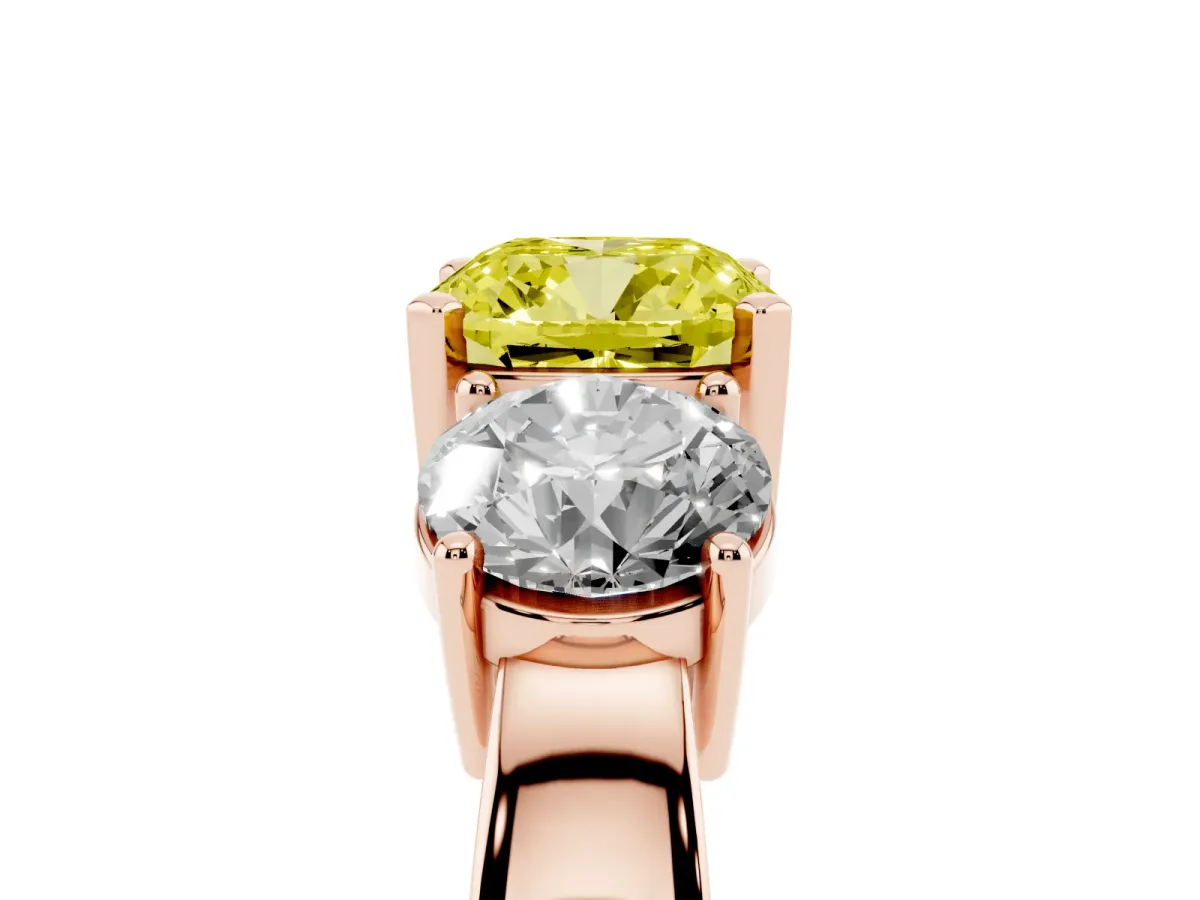 Fancy Yellow Three-Stone Cushion Cut Diamond Ring with Round Side Stones, Classic Band, and Four-Prong Setting Rose gold