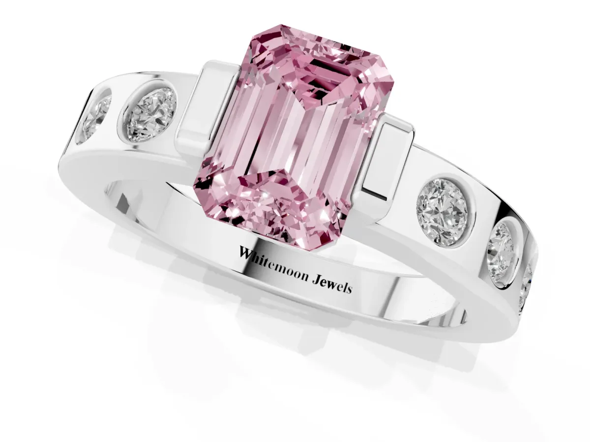 Fancy Pink Emerald Cut Brilliant Channel-Set Diamond Ring with Bezel Prong Setting Platinum