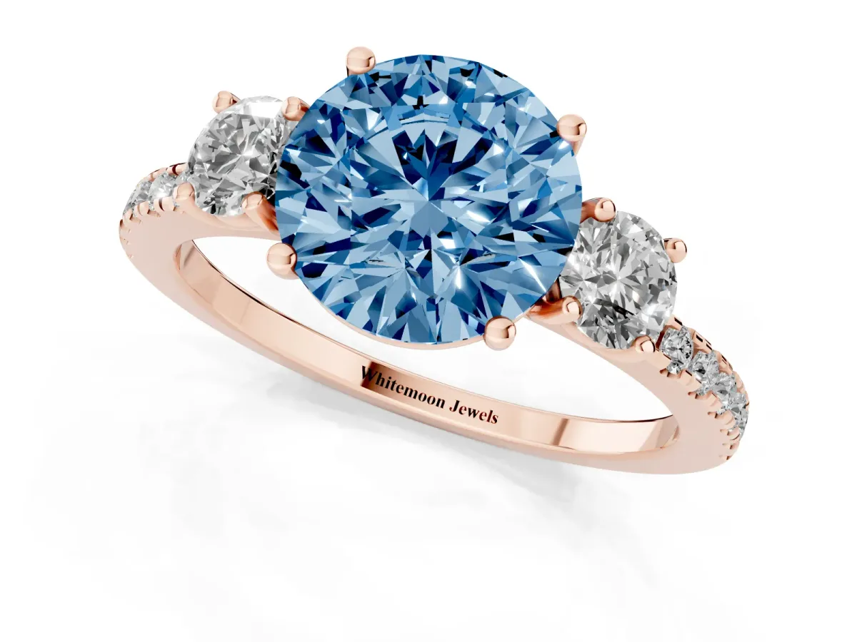 Fancy Blue Three-Stone Round Cut Cut Diamond Pavé Band with Prong Setting Rose gold