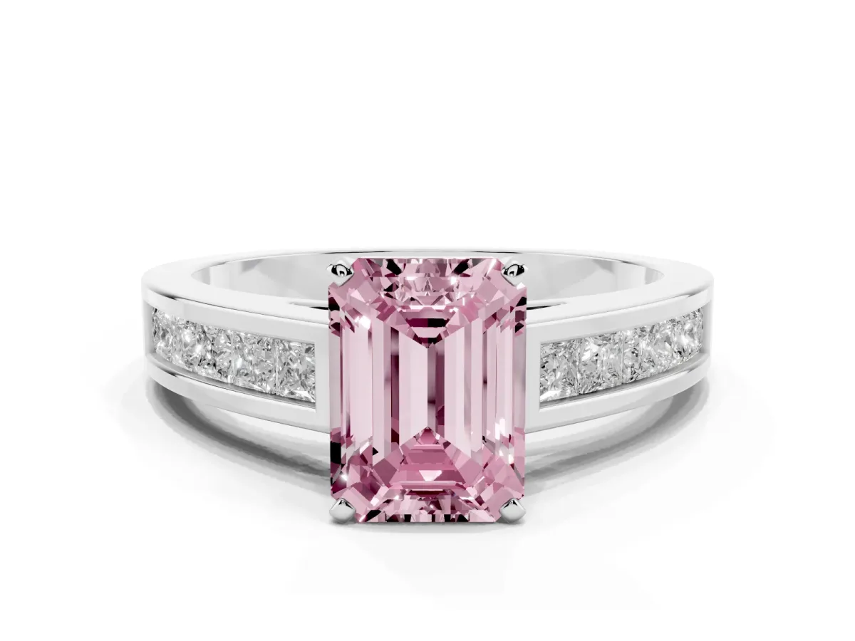 Fancy Pink Emerald Cut Solitaire Diamond Ring with Channel-Set Band and Four-Prong Setting Platinum