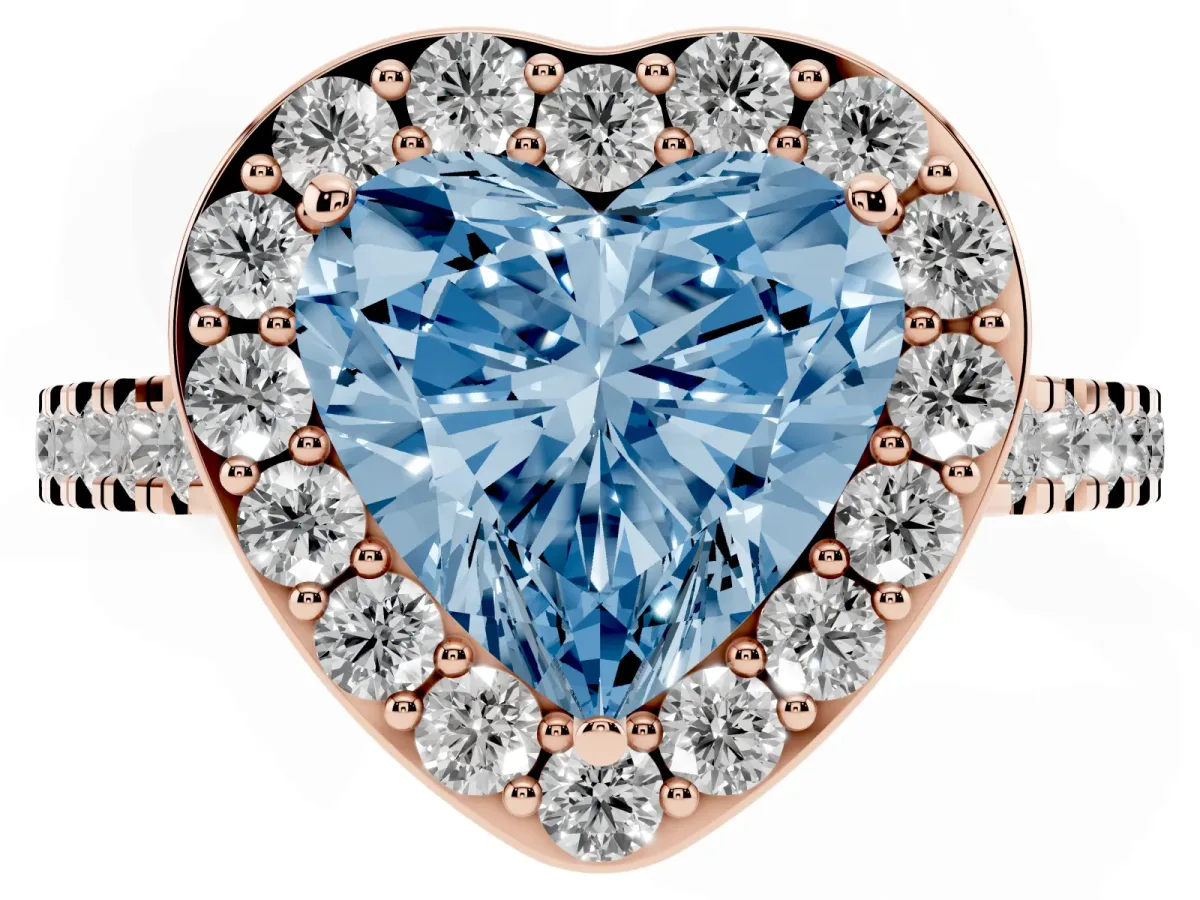 Fancy Blue Heart Cut Diamond Halo Ring with Round Pavé Split Shank and Prong Setting Rose gold