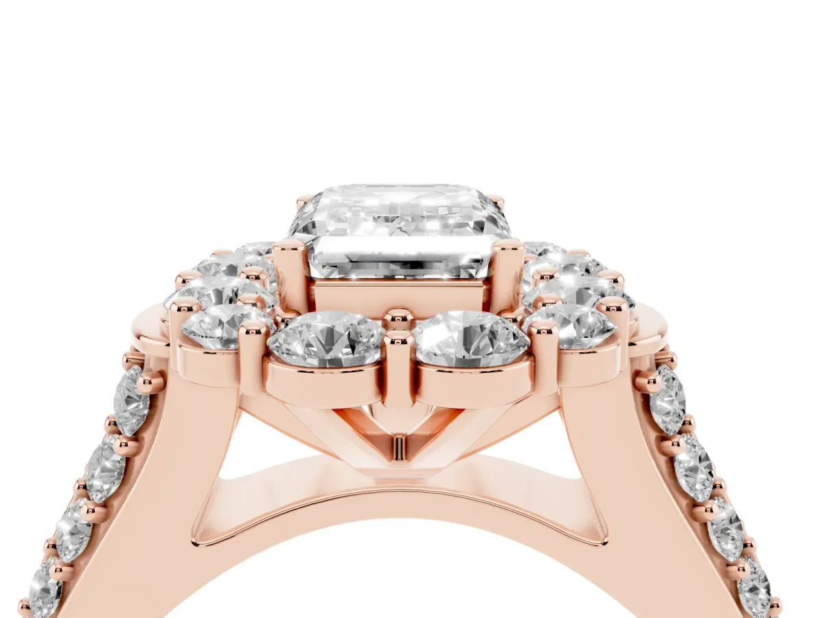 Emerald Cut Halo Diamond Engagement Ring with Split Shank and Prong Setting Rose gold
