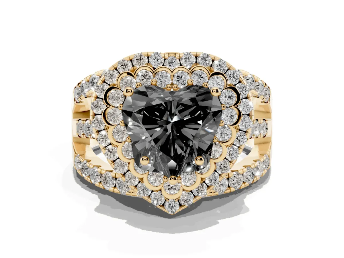 Fancy Black Heart Cut Diamond Double Halo Ring with Round Pavé Split Shank and Prong Setting Yellow gold