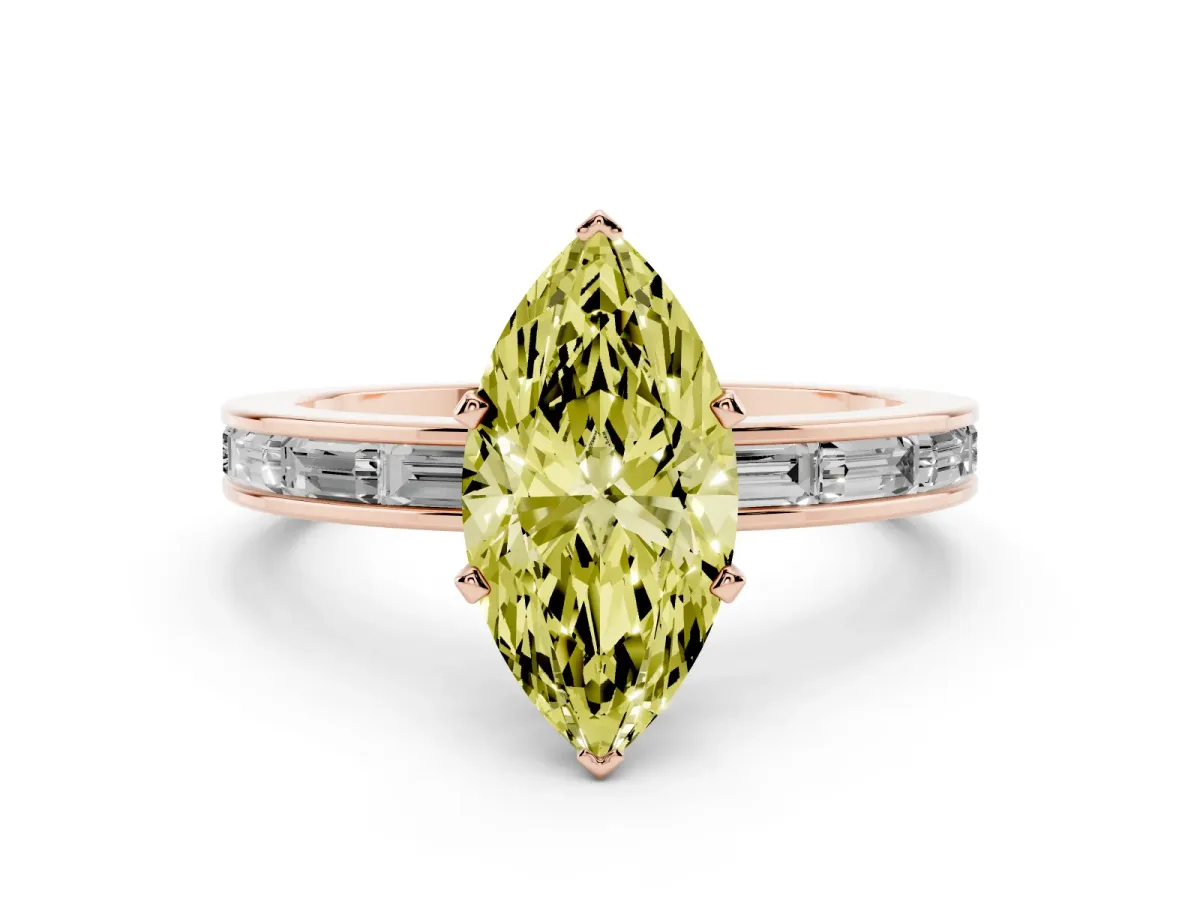 Fancy Yellow Marquise Cut Solitaire Diamond Ring with Channel-Set Baguette Band and Four-Prong Setting Rose gold