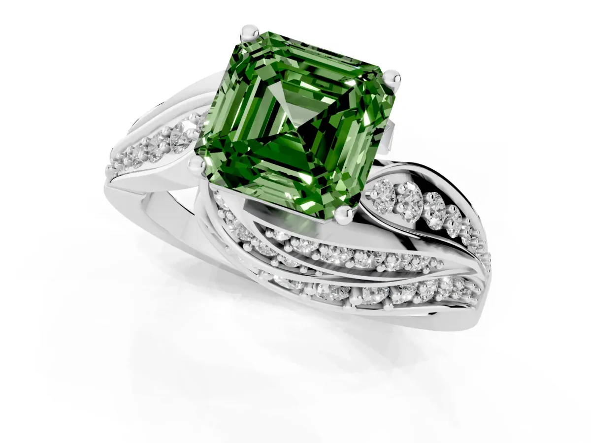 Fancy Green Asscher Cut Diamond Solitaire Ring with Prong Setting and Twisted Pavé Band Silver
