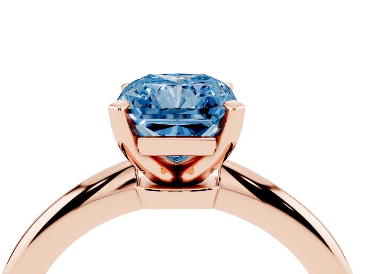 Fancy Blue Radiant Cut Diamond Solitaire Ring with Prong Setting and Classic Band Rose gold