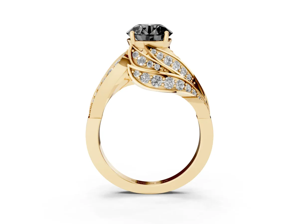 Fancy Black Round Cut Diamond Solitaire Ring with Prong Setting and Twisted Pavé Band Yellow gold