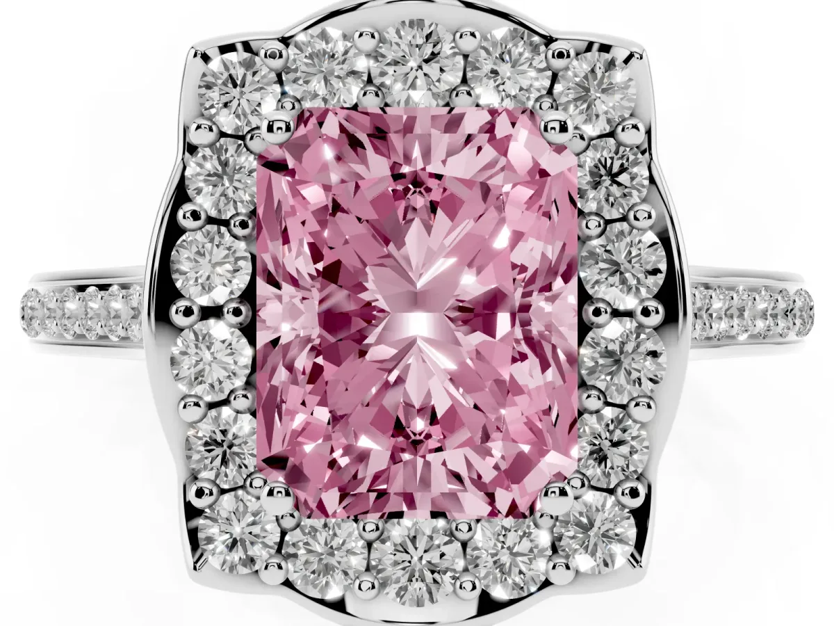 Fancy Pink Radiant Cut Halo Round Diamond Pave Band with Four-Prong Setting Platinum