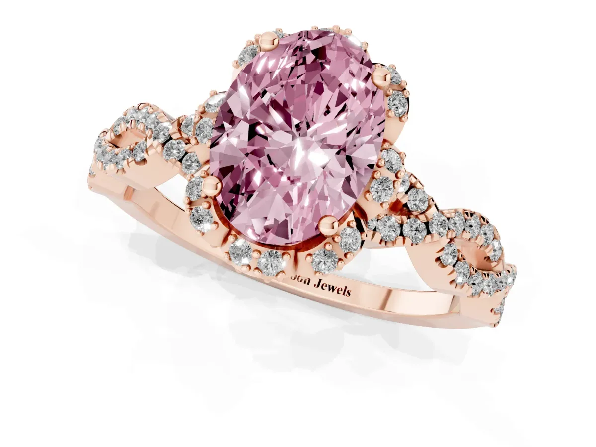 Fancy Pink Oval Cut Halo Twist Band Solitaire Ring with Six-Prong Setting Rose gold
