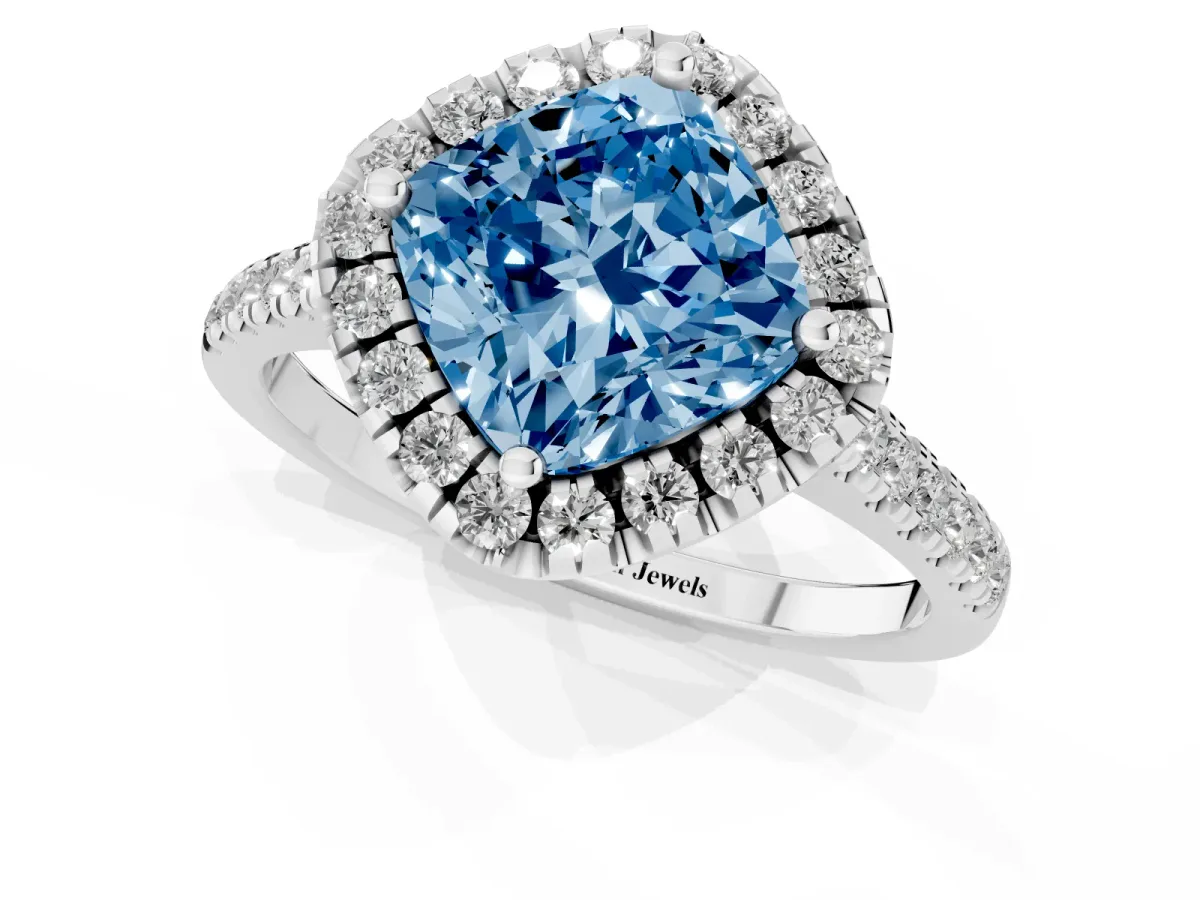 Fancy Blue Cushion Cut Diamond Cushion Halo Ring with Pavé Band Platinum